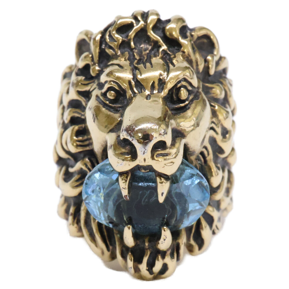 GUCCI 2108H 8402 Lion Head Crystal Ring, Gold, Men's